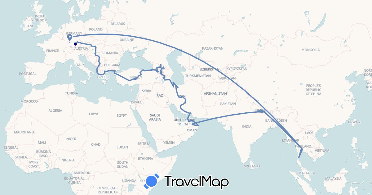 TravelMap itinerary: driving, cycling in United Arab Emirates, Albania, Armenia, Austria, Germany, Georgia, Greece, Croatia, Hungary, Iran, Nepal, Oman, Serbia, Slovakia, Thailand, Turkey, Kosovo (Asia, Europe)